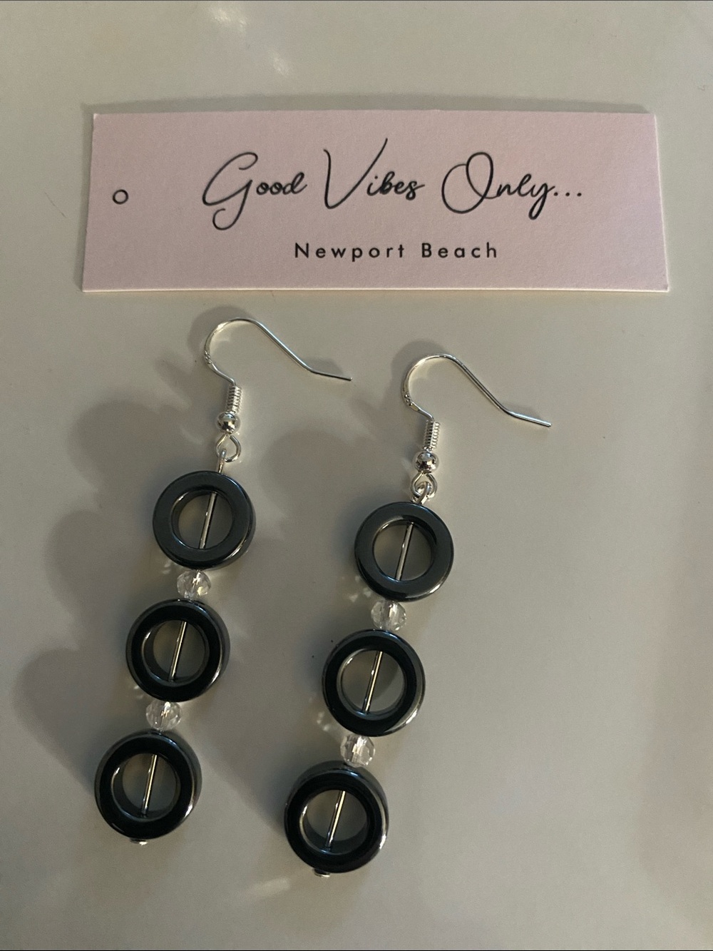 Good Vibes Only Newport Beach Hematite circle and Crystal Earrings